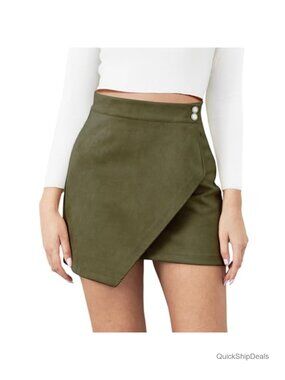 Vegan Suede Mini Skirt High Waist Bodycon Wrap Asymmetrical Hem